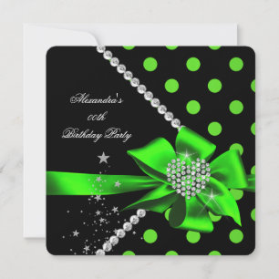 Polka Dots Lime Heart Jewel Gems Black Birthday Invitation