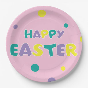 Polka Dots Pastel Pink Happy Easter Paper Plate