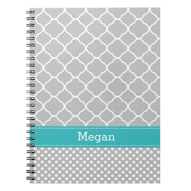 Polka Dots Pattern Aqua and Grey Custom Name Notebook (Front)