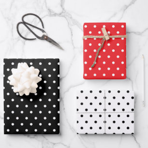 Polka Dots Pattern Set of 3 Red Black White Wrapping Paper Sheet