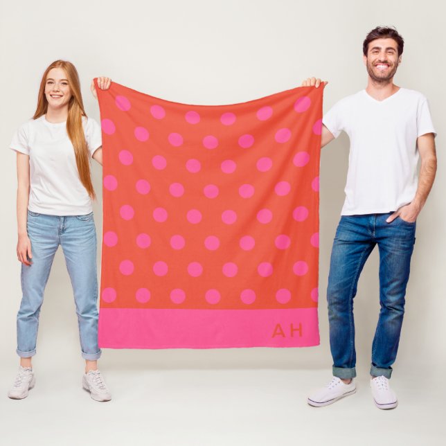 Polka Dots Pink and red Orange monogrammed Fleece Blanket (In Situ)