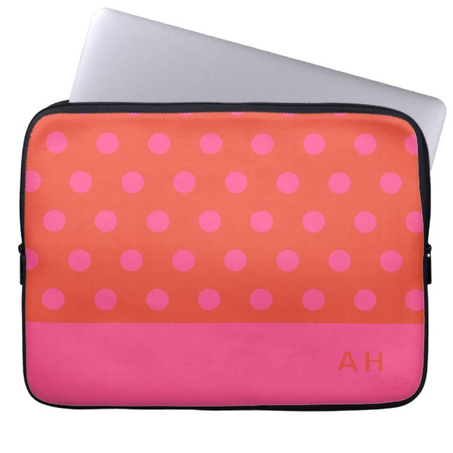 Polka Dots Pink and red Orange monogrammed Laptop Sleeve (Front)
