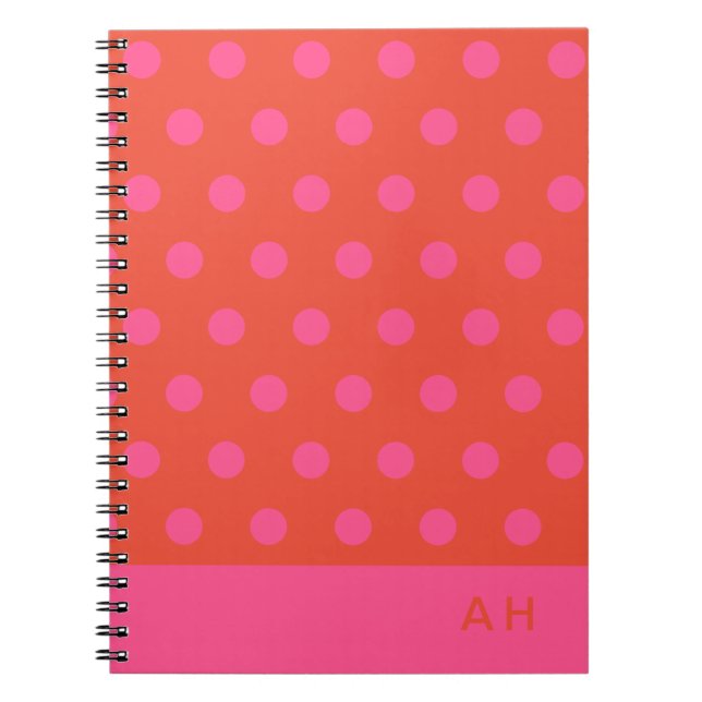 Polka Dots Pink and red Orange monogrammed Notebook (Front)