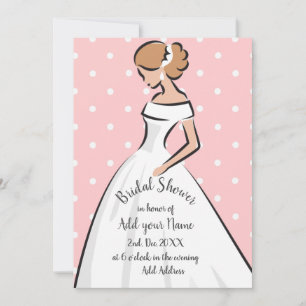 Polka Dots Pink Bridal Shower White Wedding dress Invitation