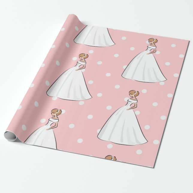 Polka Dots Pink Bridal Shower White Wedding dress Wrapping Paper (Unrolled)