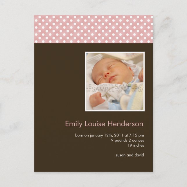 Polka Dots Pink/Brown • Baby Announcement Postcard (Front)