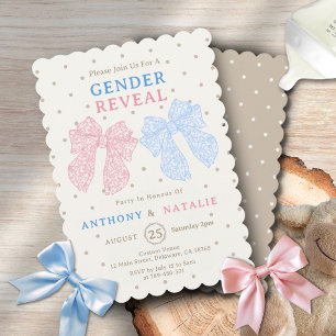 Polka Dots Pink Ribbon Blue Bow Tie Gender Reveal Invitation