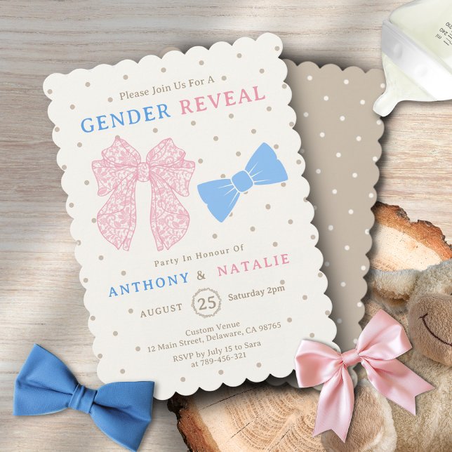 Polka Dots Pink Ribbon Blue Bow Tie Gender Reveal Invitation (Polka Dots Pink Ribbon Blue Bow Tie Gender Reveal Invitation)