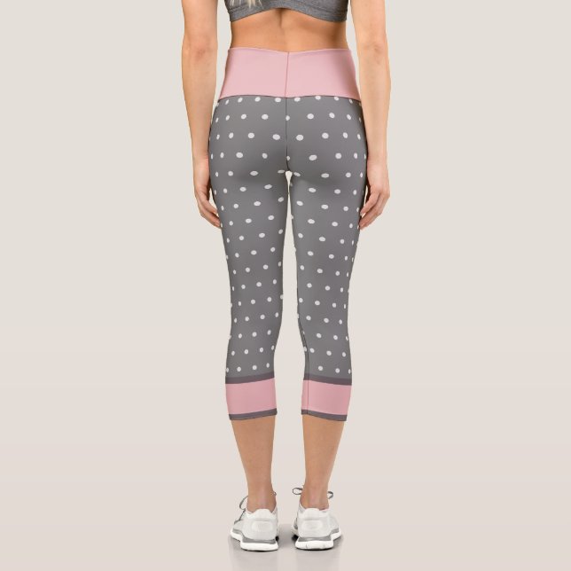 Polka Dots Pink White Light Grey Capri Leggings (Back)