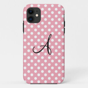 Polka dots pink white monogram iPhone 11 case