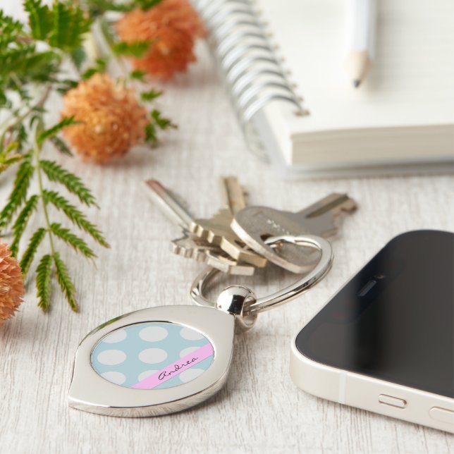 Polka Dots, Polka Dot Pattern, Your Name Key Ring (Side)