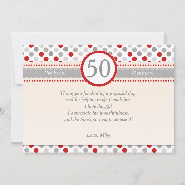 Polka Dots Red Grey Party Thank You Card (Front)