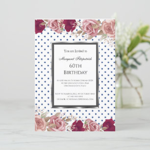 Polka Dots  Red Pink Roses Birthday White Invitation