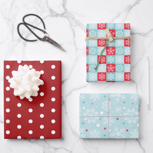 Polka Dots & Snowflakes Wrapping Paper Sheet (Front)