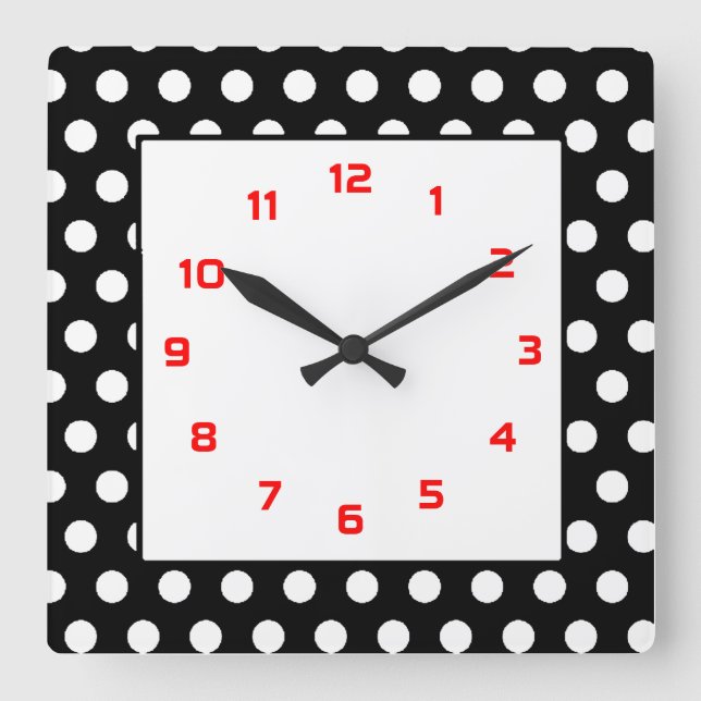 Polka Dots Squared- Black, White & Red Square Wall Clock (Front)