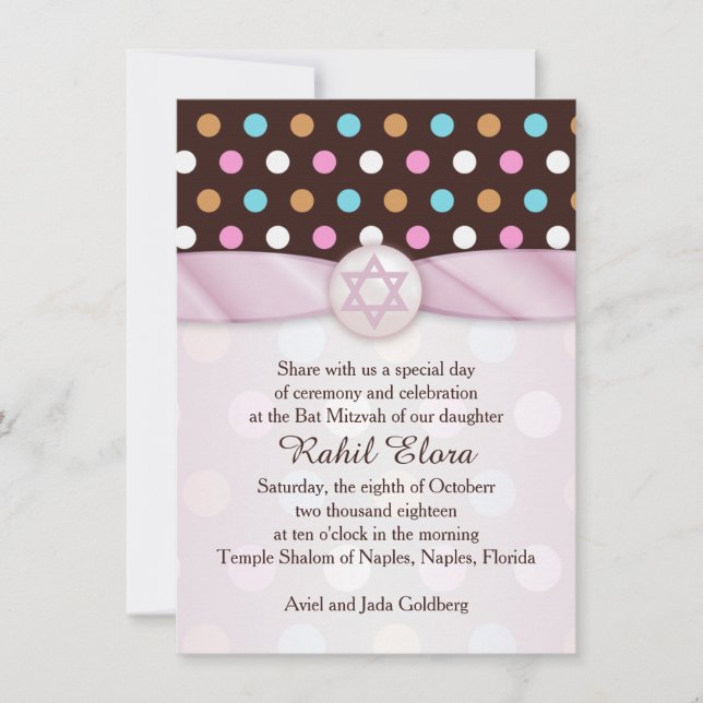 Polka dots, Star of David Bat Mitzvah Invitation (Front)