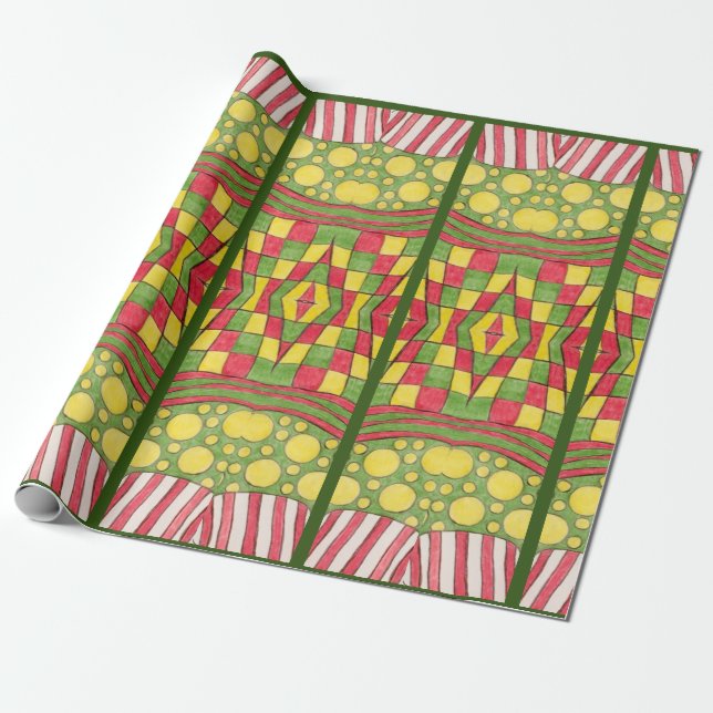 Polka Dots, Stripes, Checks, Red, Yellow Green Wrapping Paper (Unrolled)