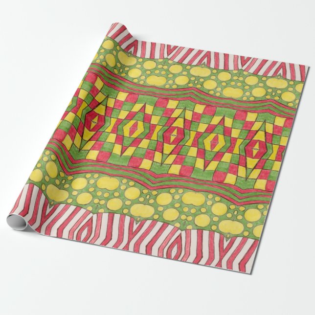 Polka Dots, Stripes, Checks, Red, Yellow Green Wrapping Paper (Unrolled)