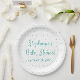 Polka Dots Teal Blue White Boy Girl Baby Shower Paper Plate