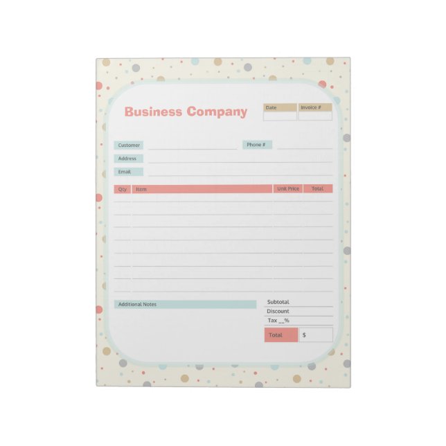 Polka Dots Theme Order Form and Invoice Notepad (Rotated)