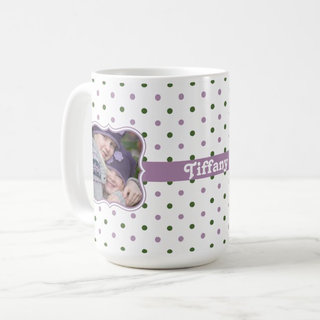 Polka Dots w/ Purple Ribbon Photo Frame Coffee Mug (Front Left)
