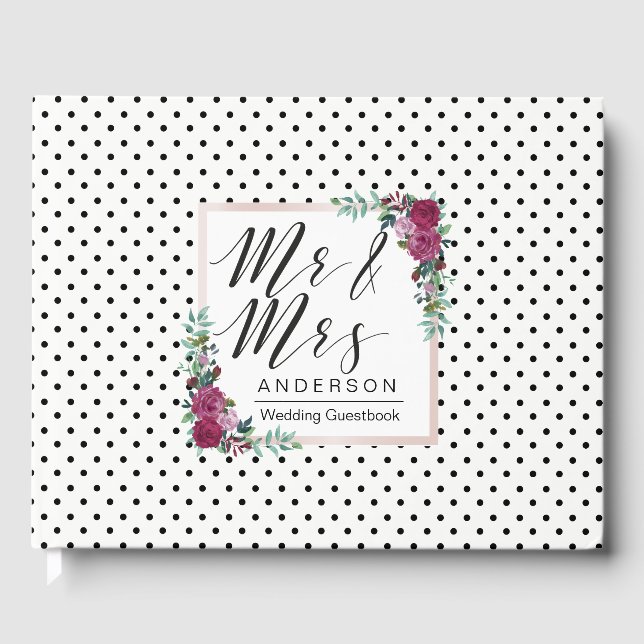 Polka dots Watercolor floral Wedding Guest book (Front)
