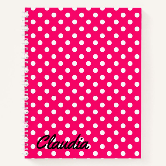 Polka Dots White Hot Pink Name Notebook (Front)