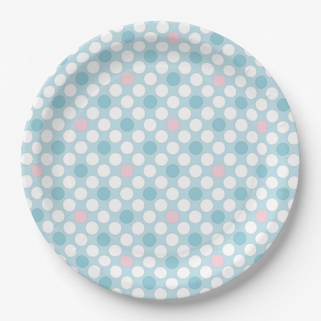 Polka dots white pink blue retro paper plate (Front)