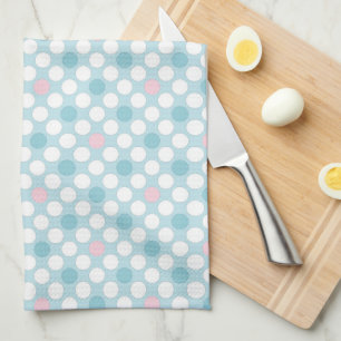 Polka dots white pink blue retro tea towel