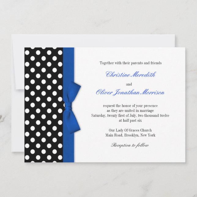 Polka Dots With Blue Bow Wedding Invitation (Front)