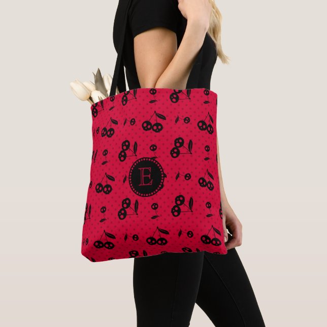Polka Dots with Cherry Skulls Monogram Tote Bag (Close Up)