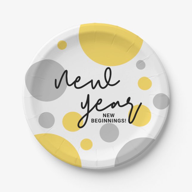 Polka dots Yellow Grey of New Year New Beginnings Paper Plate (Front)