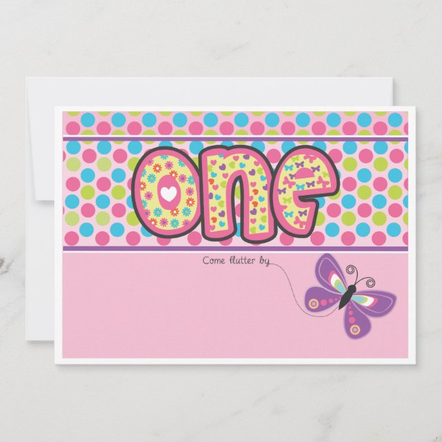Polka Dotted, Butterfly First Birthday Invite (Front)