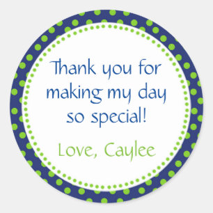 Polka Green Navy Blue Round Thank You Sticker