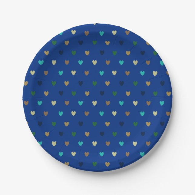 Polka hearts in peacock blue shades paper plate (Front)