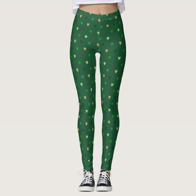 Polka hearts on forest green leggings (Front)