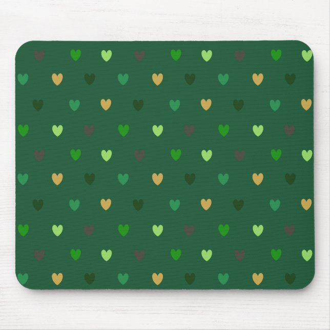 Polka hearts on forest green mouse mat (Front)