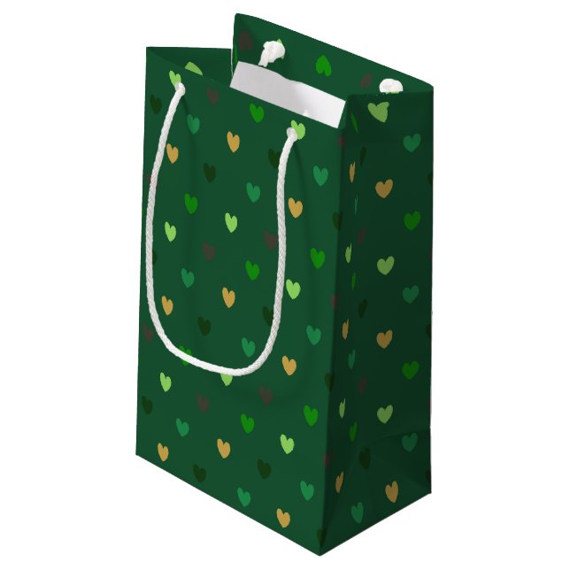 Polka hearts on forest green small gift bag (Back Angled)