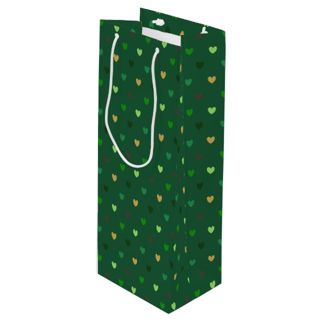 Polka hearts on forest green wine gift bag (Front Angled)