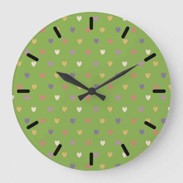 Polka hearts on greenery green large clock (Front)