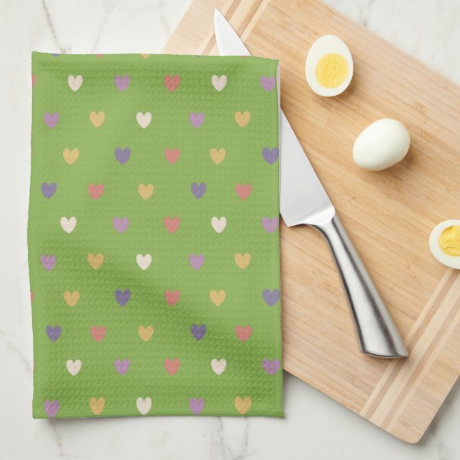 Polka hearts on greenery green tea towel (Quarter Fold)