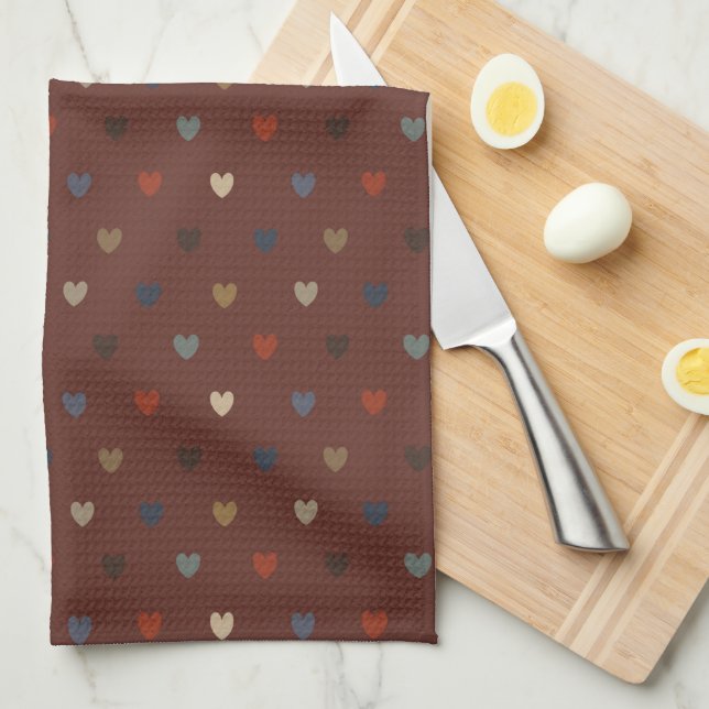 Polka hearts on kilim brown tea towel (Quarter Fold)