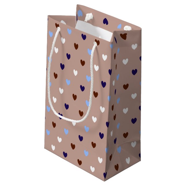 Polka hearts on pale brown small gift bag (Back Angled)