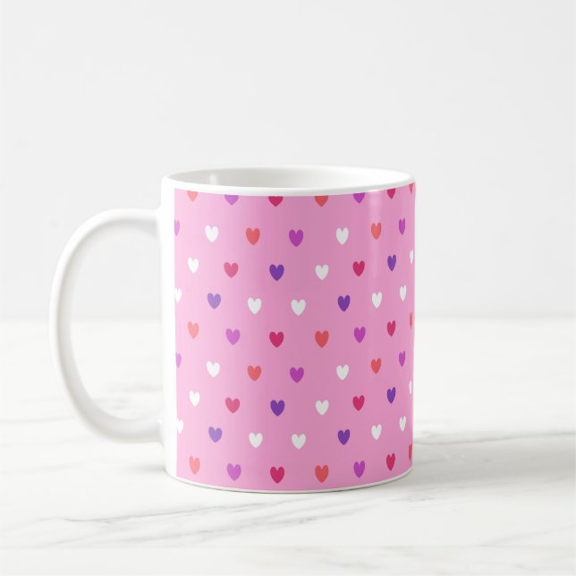 Polka hearts on pink coffee mug (Left)