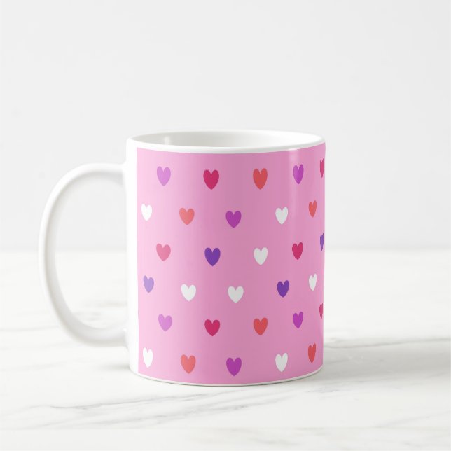 Polka hearts on pink coffee mug (Left)