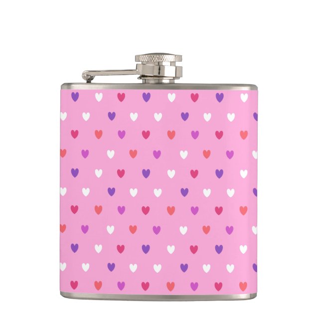 Polka hearts on pink hip flask (Front)