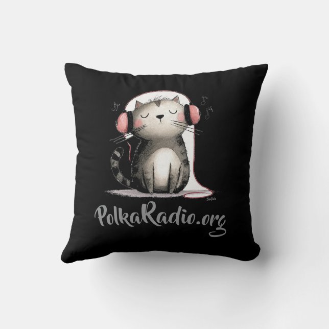 Polka Radio Throw Pillow with a cat design  (Back)