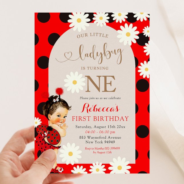 Polkadot Ladybug Daisy Brown Hair First Birthday Invitation (Creator Uploaded)
