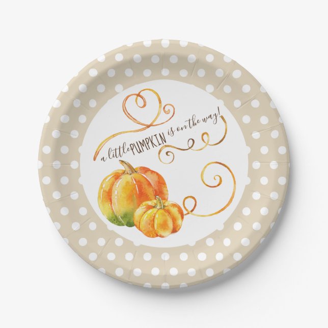 Polkadot Little Pumpkin Fall Baby Shower Food Paper Plate (Front)