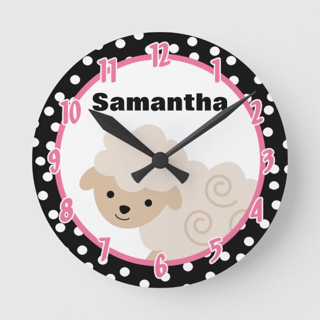 Polkadot Pink Country Farm Sheep Lamb Clock (Front)